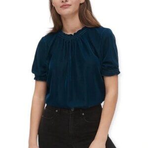 GAP Prussian Teal Ruffle Neck Short Sleeve Velvet Blouse